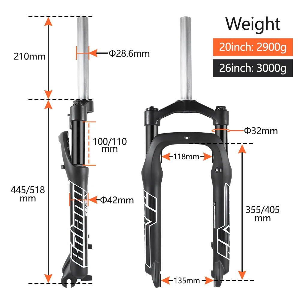 Snow E-bike Supension Air Fork 20/26inch Fat Tire MTB Front Fork 100mm Travel