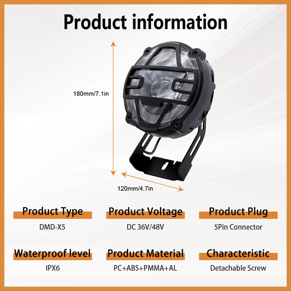 Snow Electric Bike Headlight 36V/48V 5Pin Plug Front Light with Horn Accessories