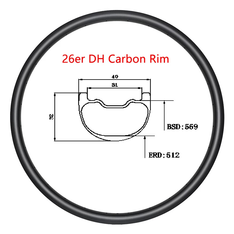 26er DH Mountain Bicycle Carbon Rim 40*32mm Clincher Tubeless UD Matte Glossy
