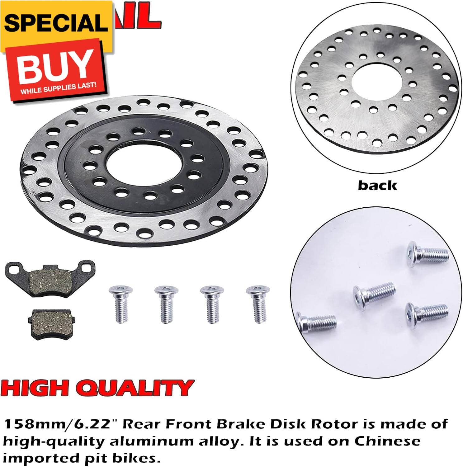 158mm/6.22″ Rear Front Brake Disk Rotor+Brake Pad for 50cc 70cc 90cc 110cc 125cc