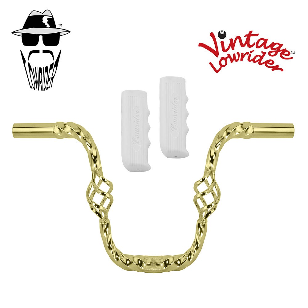Lowrider Cage Twisted 9″ 25.4mm Handlebar Gold W/Logo120mm Grips White