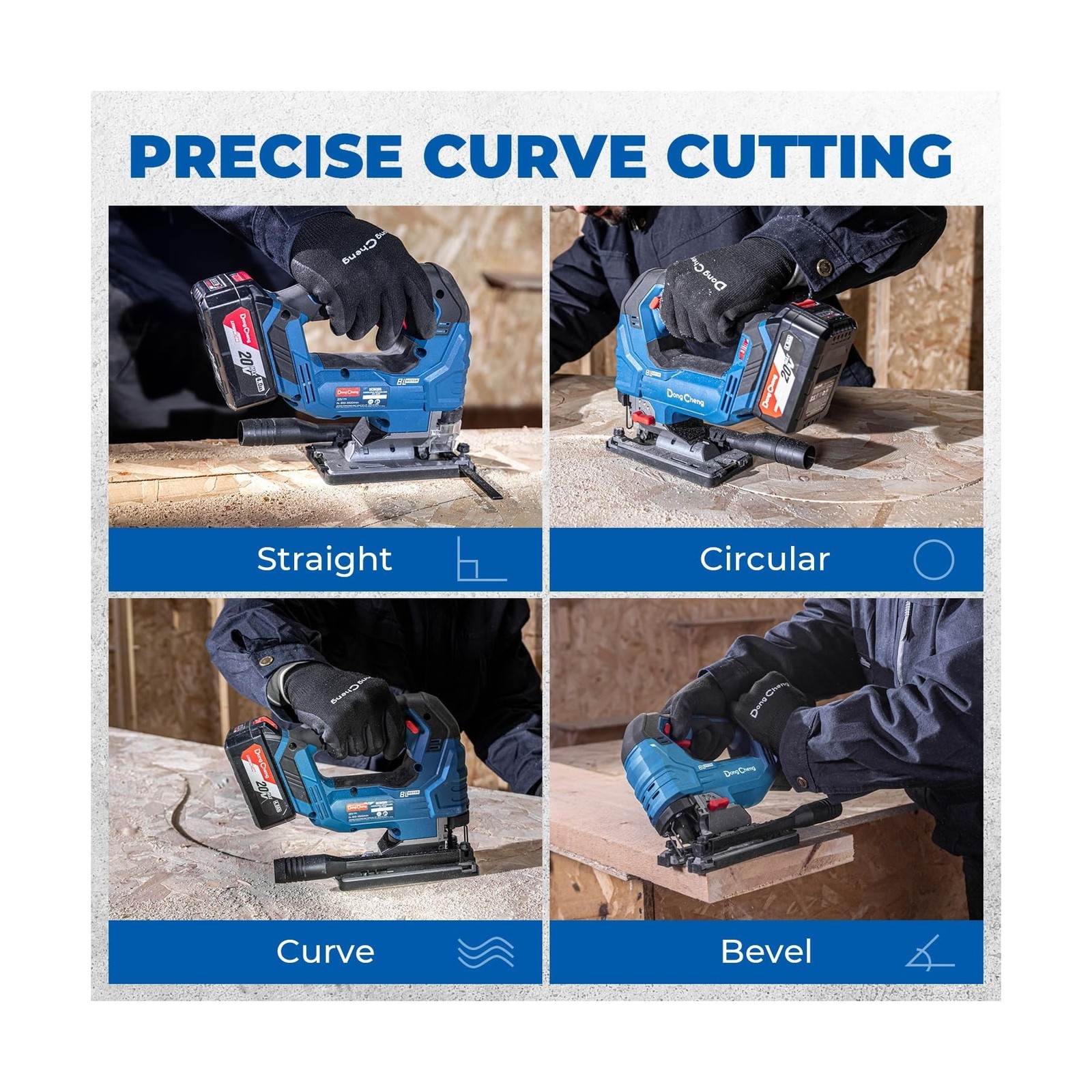 Dong Cheng 20V Brushless Jigsaw, 26mm Stroke, 800-3500 SPM, 0-45° Bevel, 6-