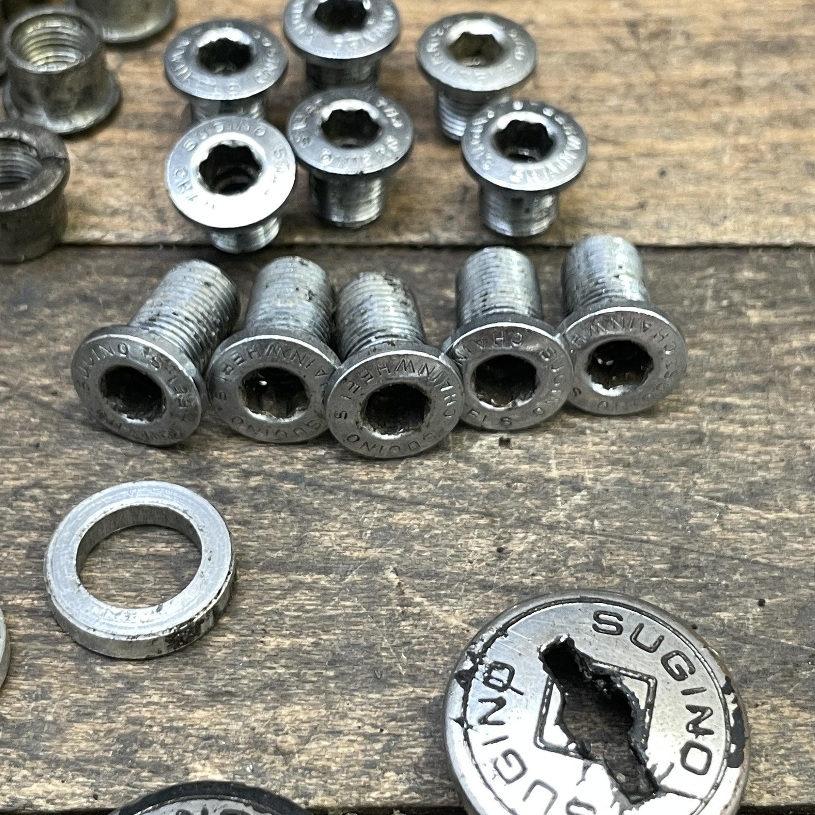 Vintage Sugino Triple Chainring Bolts Nuts Washers Dust Caps Lot Silver