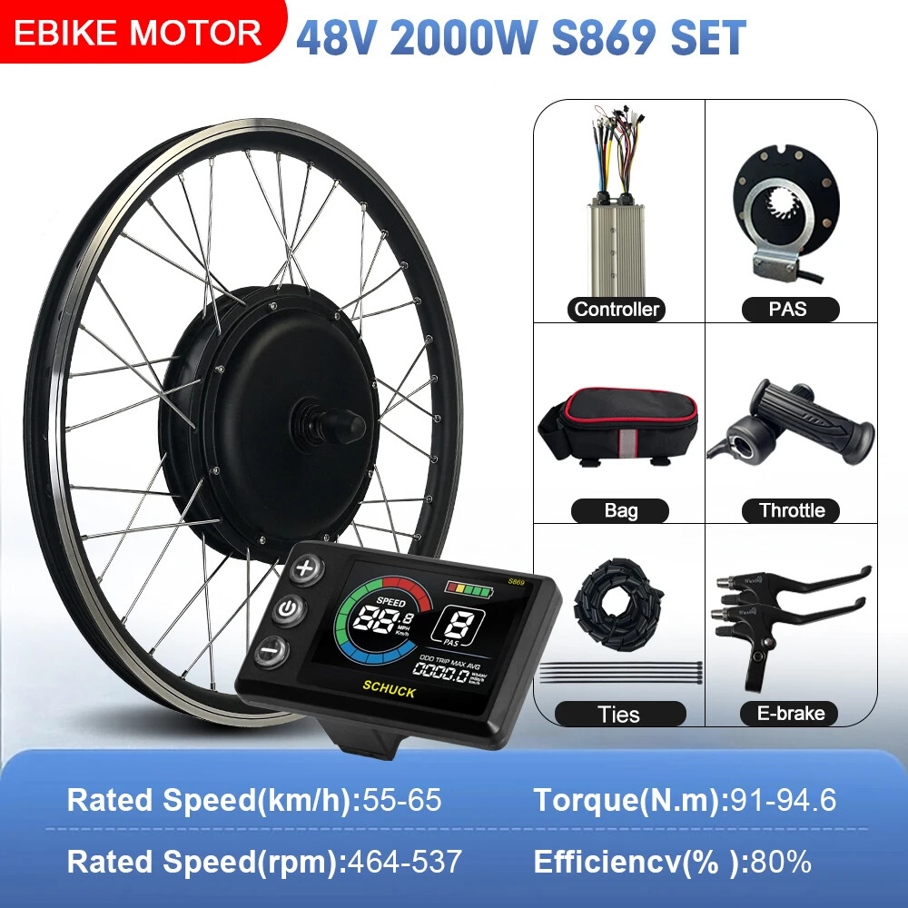 E-bike Conversion Kit 48V 2000W Brushless Gearless Front Rear Hub Motor Wheel