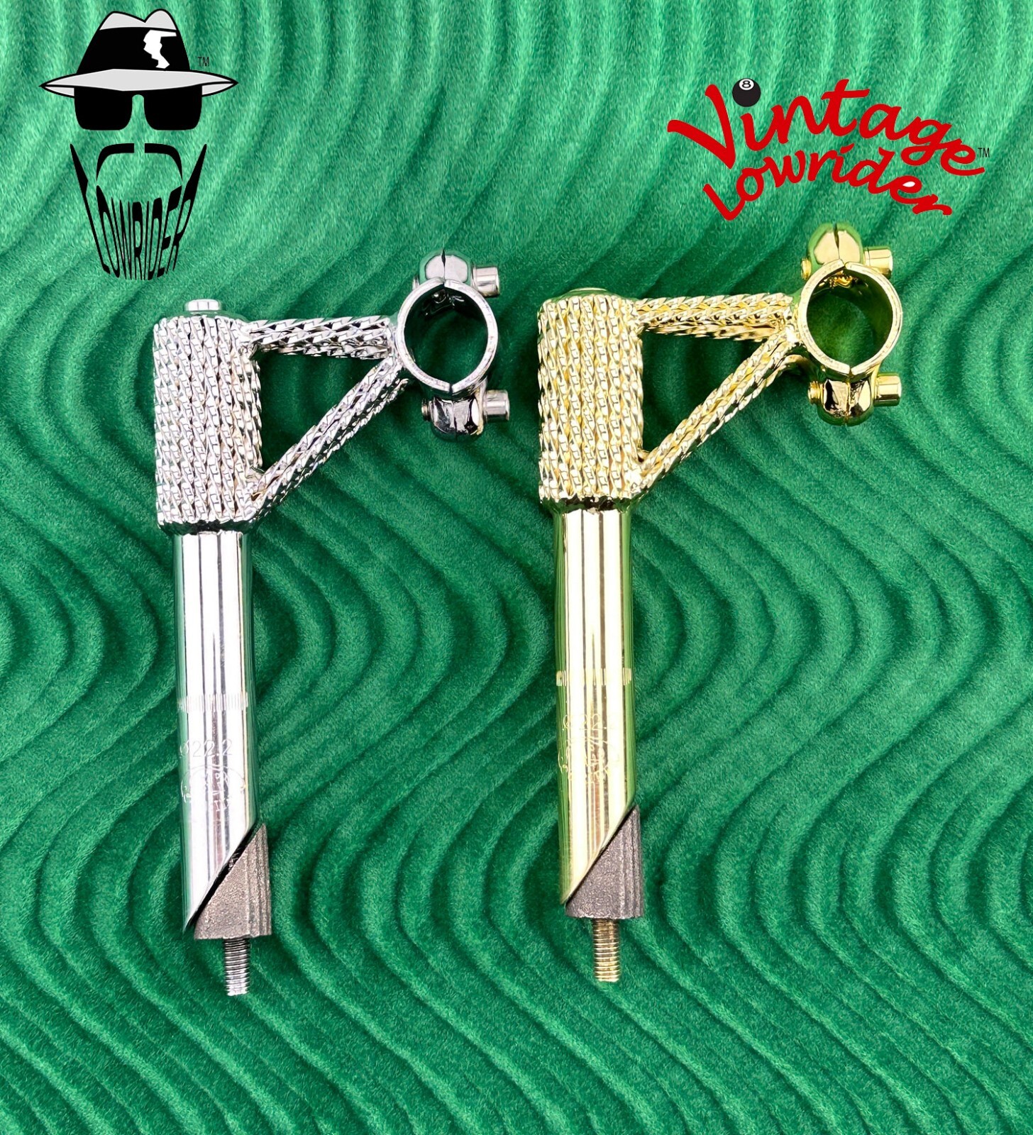 F&R VINTAGE LOWRIDER MINI SQUARE TWISTED BICYCLE STEM 22.2MM CHROME OR GOLD.