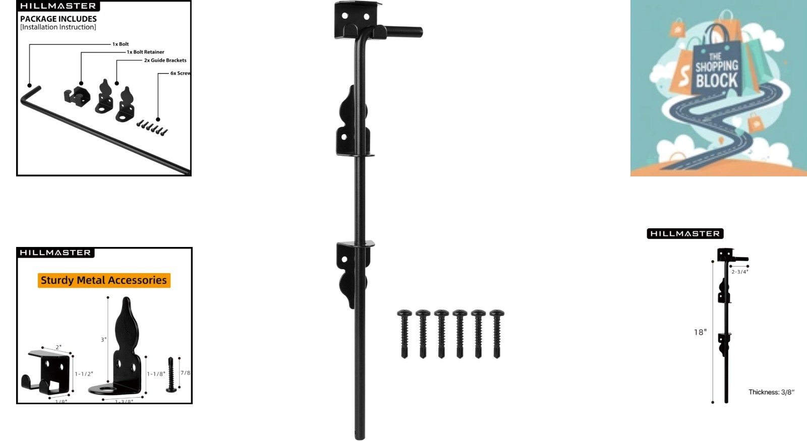 18in Heavy Duty Black Steel Cane Bolt for Wood & Metal Gates – 9 Piece Set