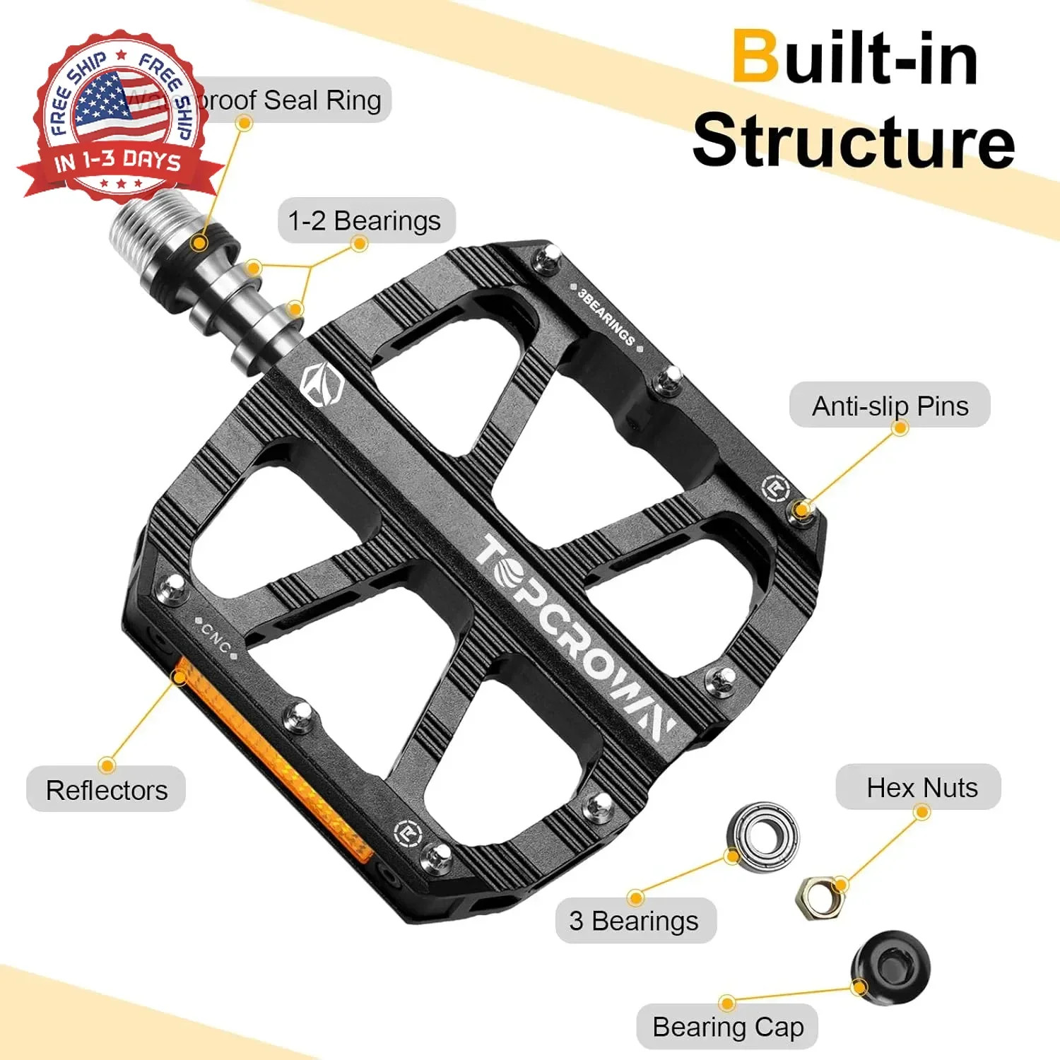 Topcrown Mountain Bike Pedals with Reflectors, Aluminum Metal Bicycle Flat Pedal