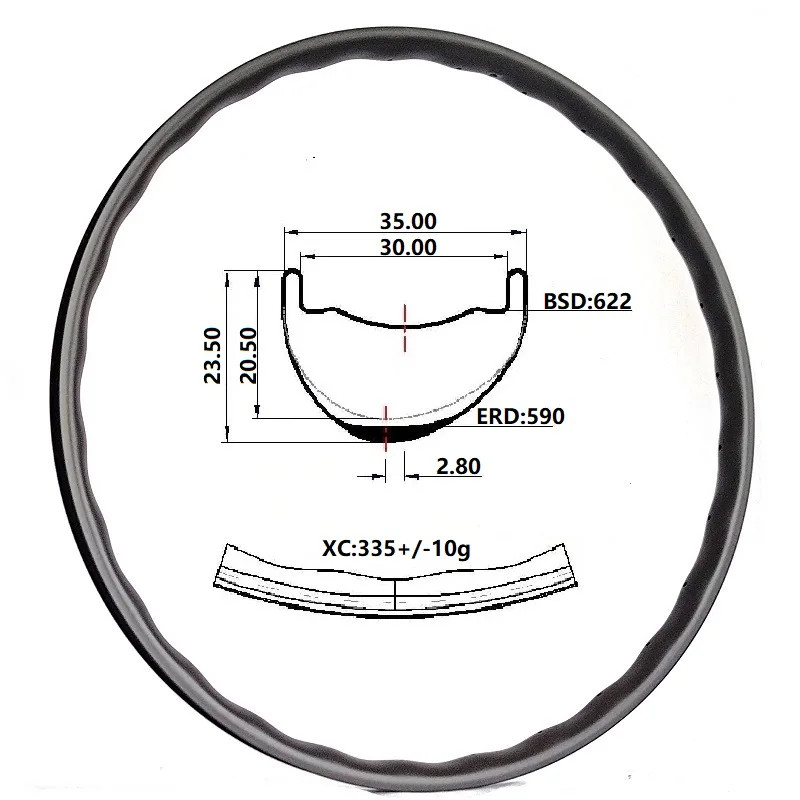 29 in Carbon Bike Rim HooklessTubeless MTB Asymmetric 29-35mm Width 23.5mm Deep