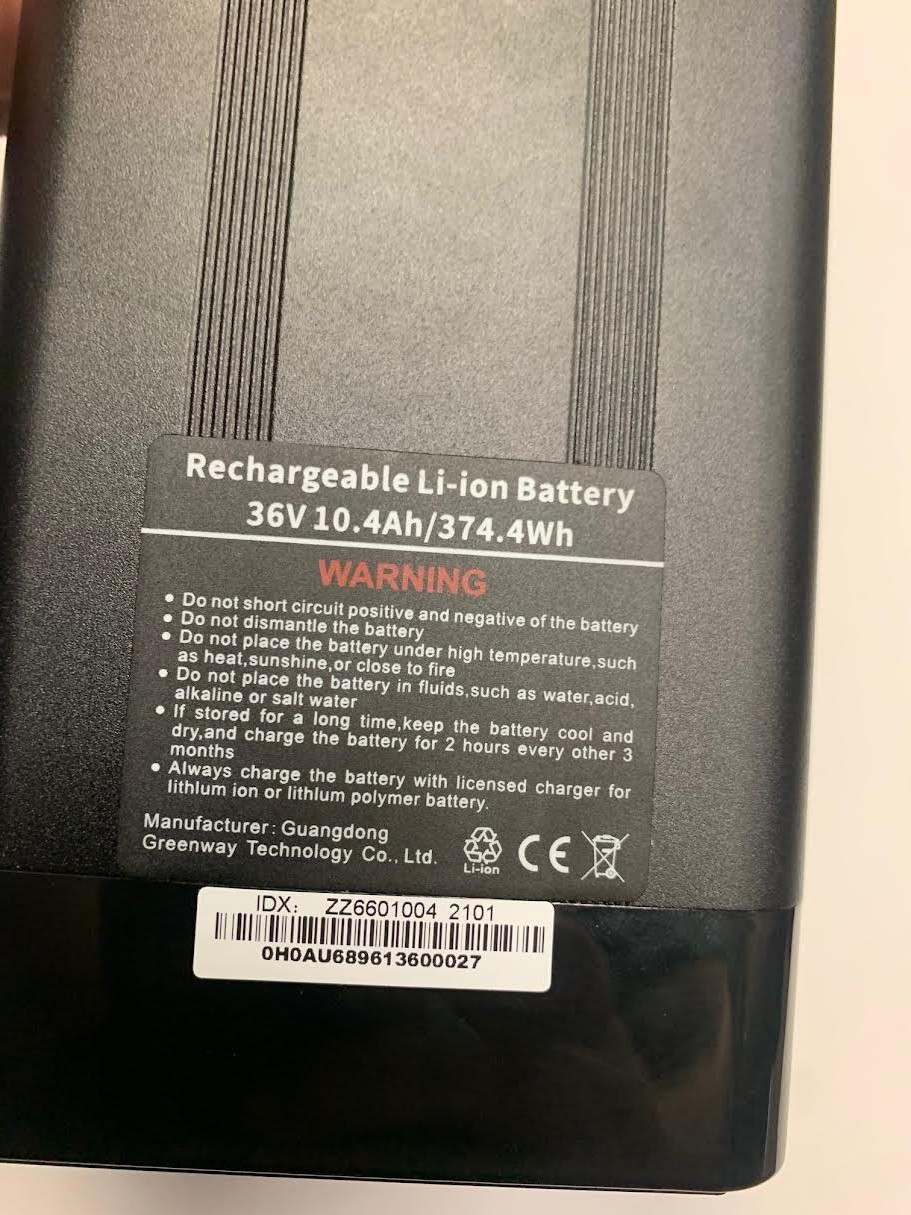 Greenway Ebike Battery 36V / 10.4Ah / 374.4 Wh Electric Bike Battery w/ Charger