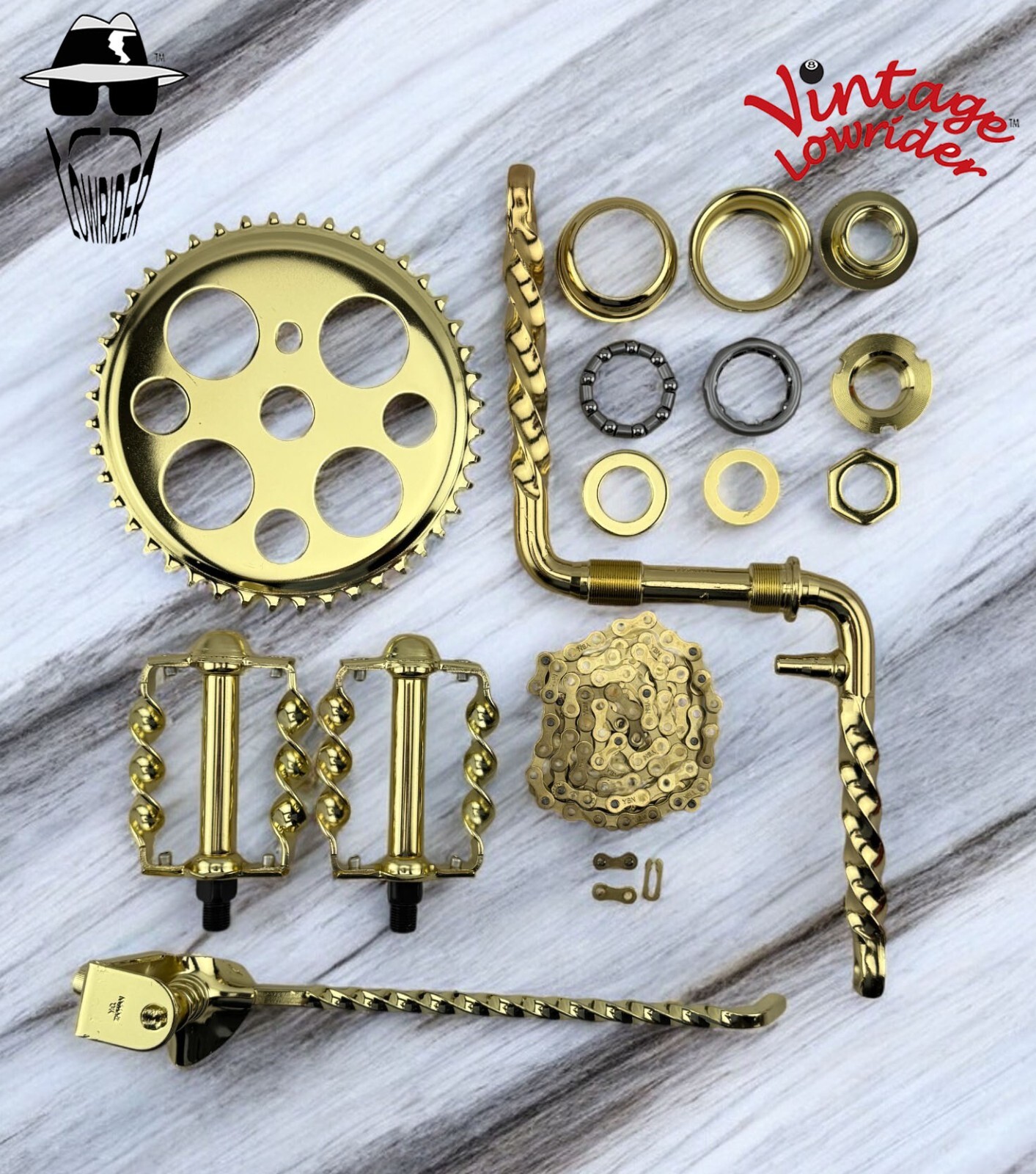 VINTAGE LOWRIDER TWISTED CRANK PACKAGE 6 FOR 26″ CRUISER/LOWRIDER BICYCLES.