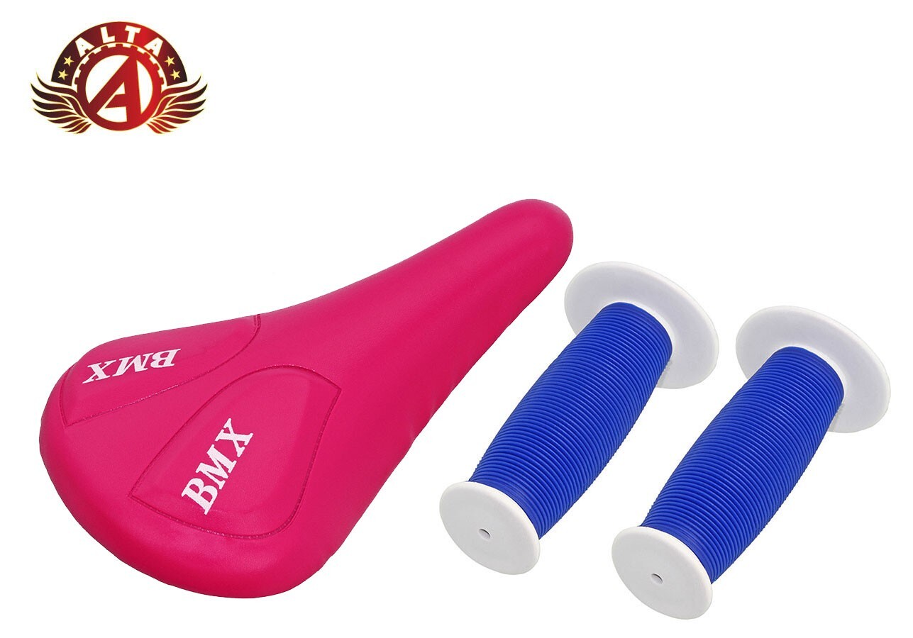 ALTA Pink BMX Vinyl Saddle & Blue/White Mushroom Grips BMX BIKES.