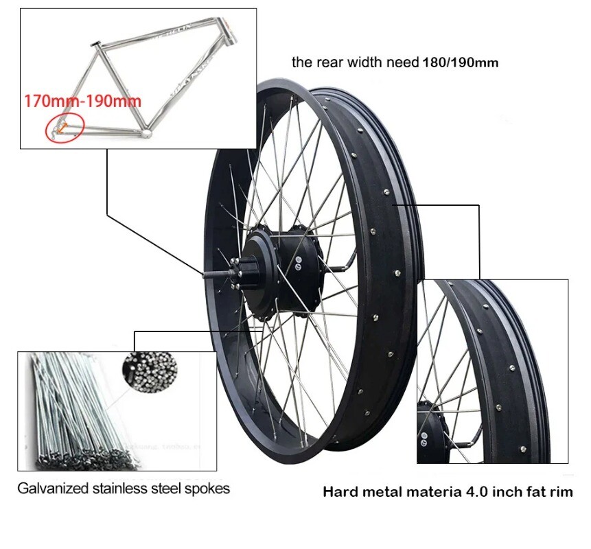 20 24 26» Snow Electric Bike Conversion Kit 48V 1000W Fat Tire Rear Hub Motor