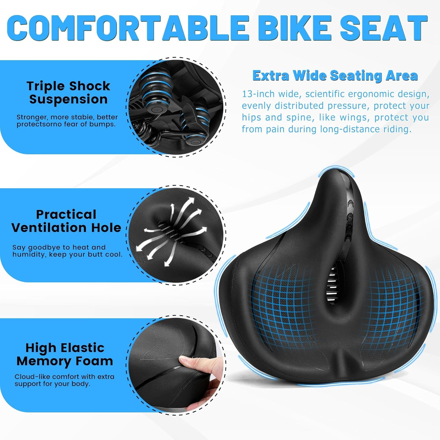 Oversized Bike Seat for Men & Women Comfort, Extra Wide Bicycle Seat Cushion, Co