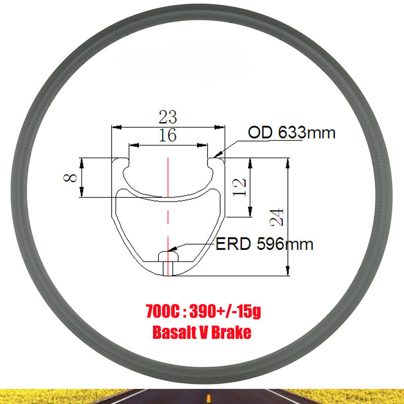 700C 24*23mm Road Bicycle Carbon Rim Basalt V Brake Clincher UD 3K 16-36 Holes