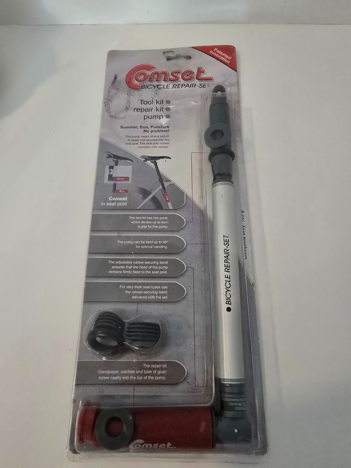 Comet Bicycle Repair Kit Seat Post Mount Air Pump Patches Glue Sandpaper Germany