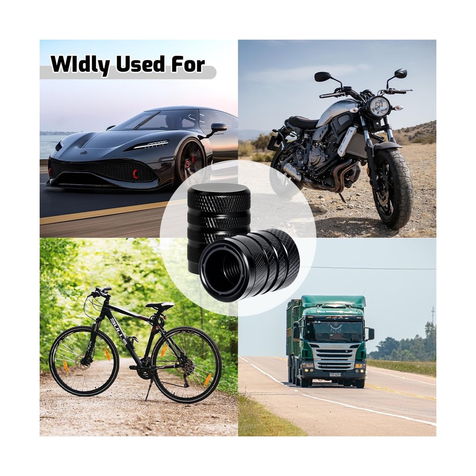 4-Piece Black Anodized Aluminum-Plastic Composite Tire Valve Stem Caps with I…