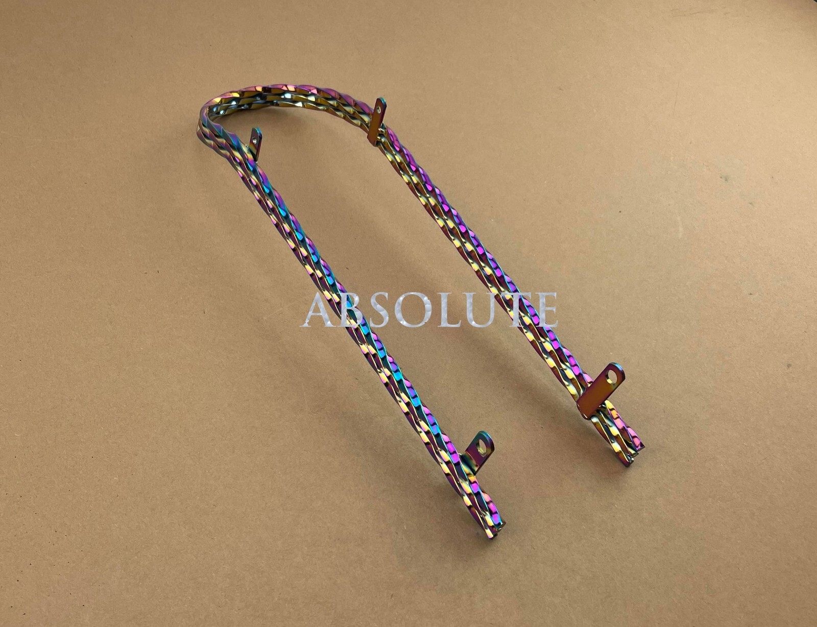 18″ LONG LOWRIDER BICYCLE TRIPLE SQUARE TWISTED SISSY BAR IN (OIL SLICK) NEON.