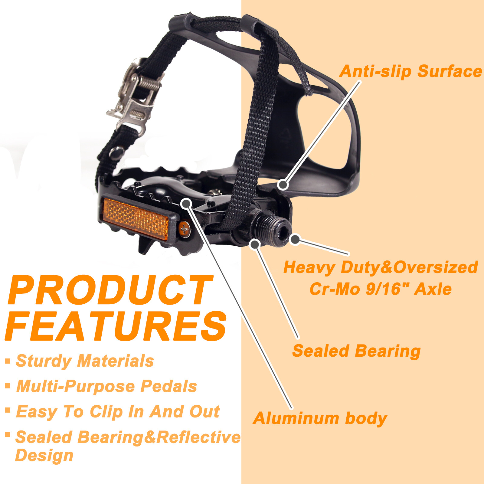 MTB Road Bike Pedal 9/16″ with Toe Clips Strap Aluminium Non-slip For Shimano