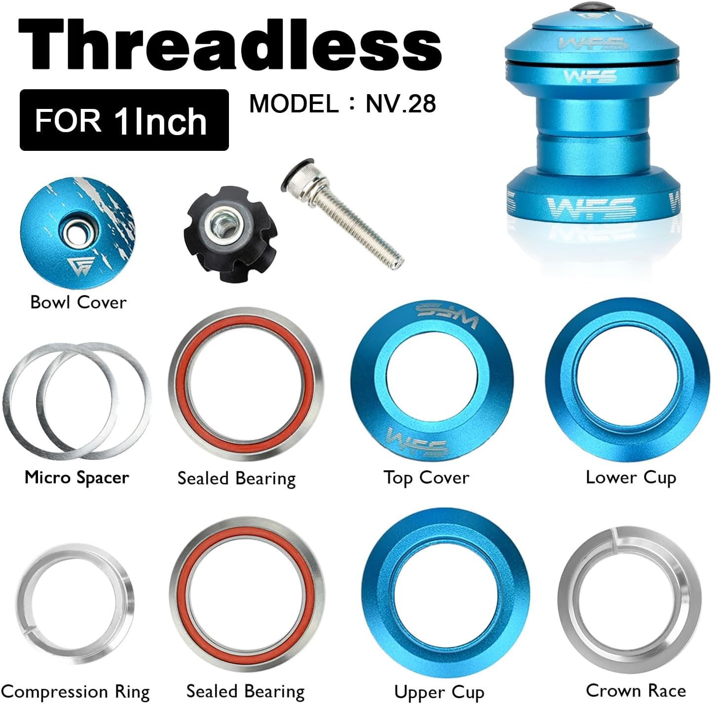 WFS NV.28 1″ Threadless Bike Headset CNC Aluminum Sealed Bearing MTB Road BMX