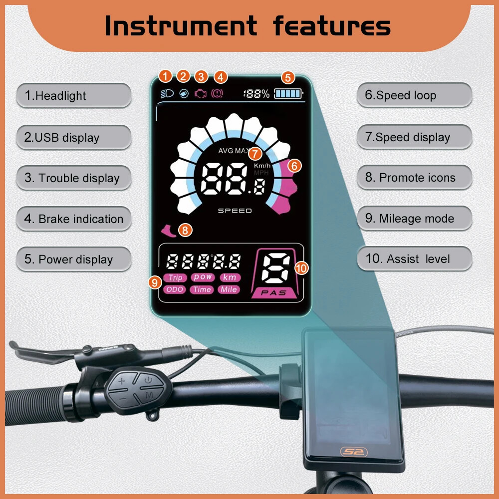 Electric Bike LCD UKS2 Display 36V 48V 52V 60V 72V for 5 PIN Waterproof Plug