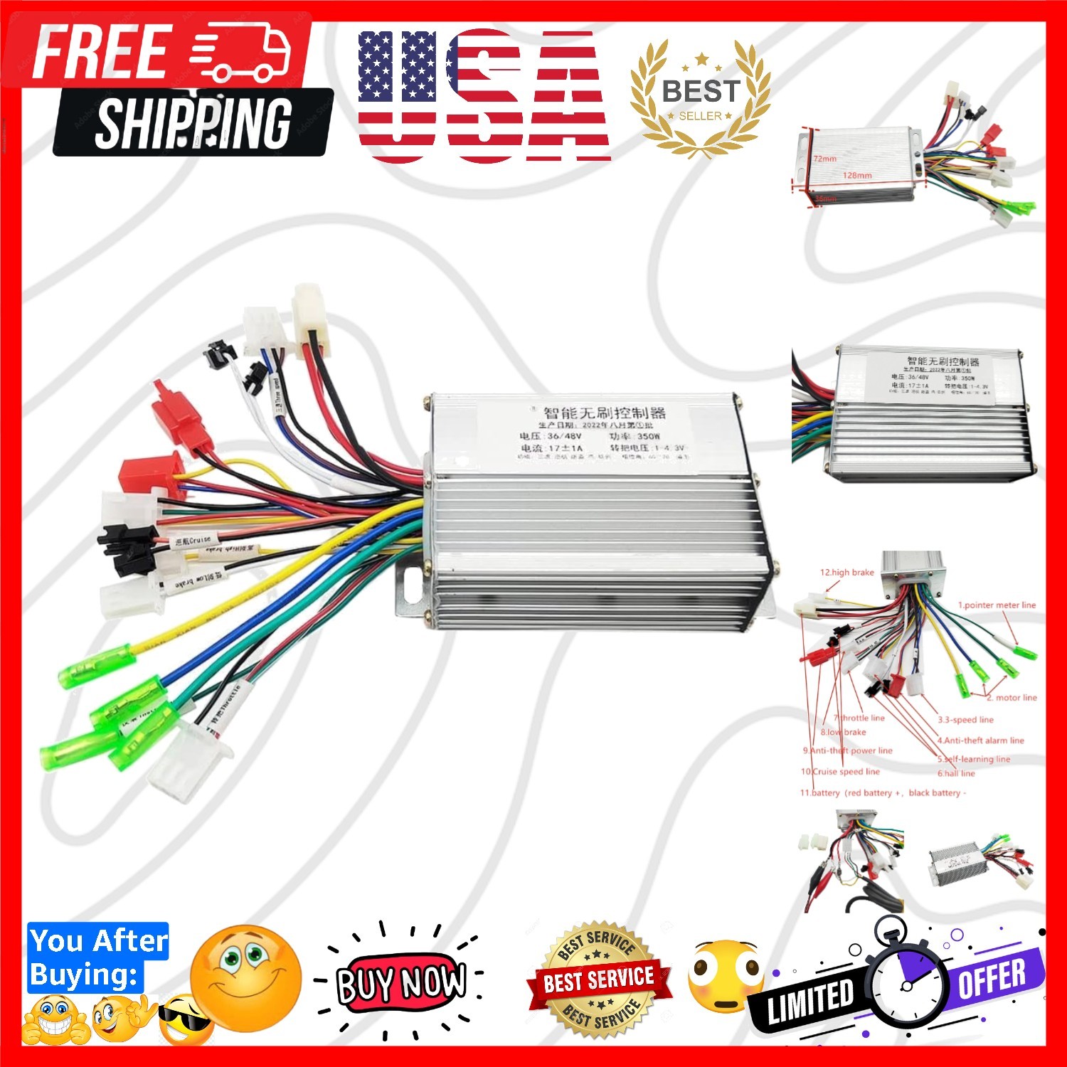 36V-48V 350W Brushless DC Motor Controller for Electric Bicycle E-Bike Scooter