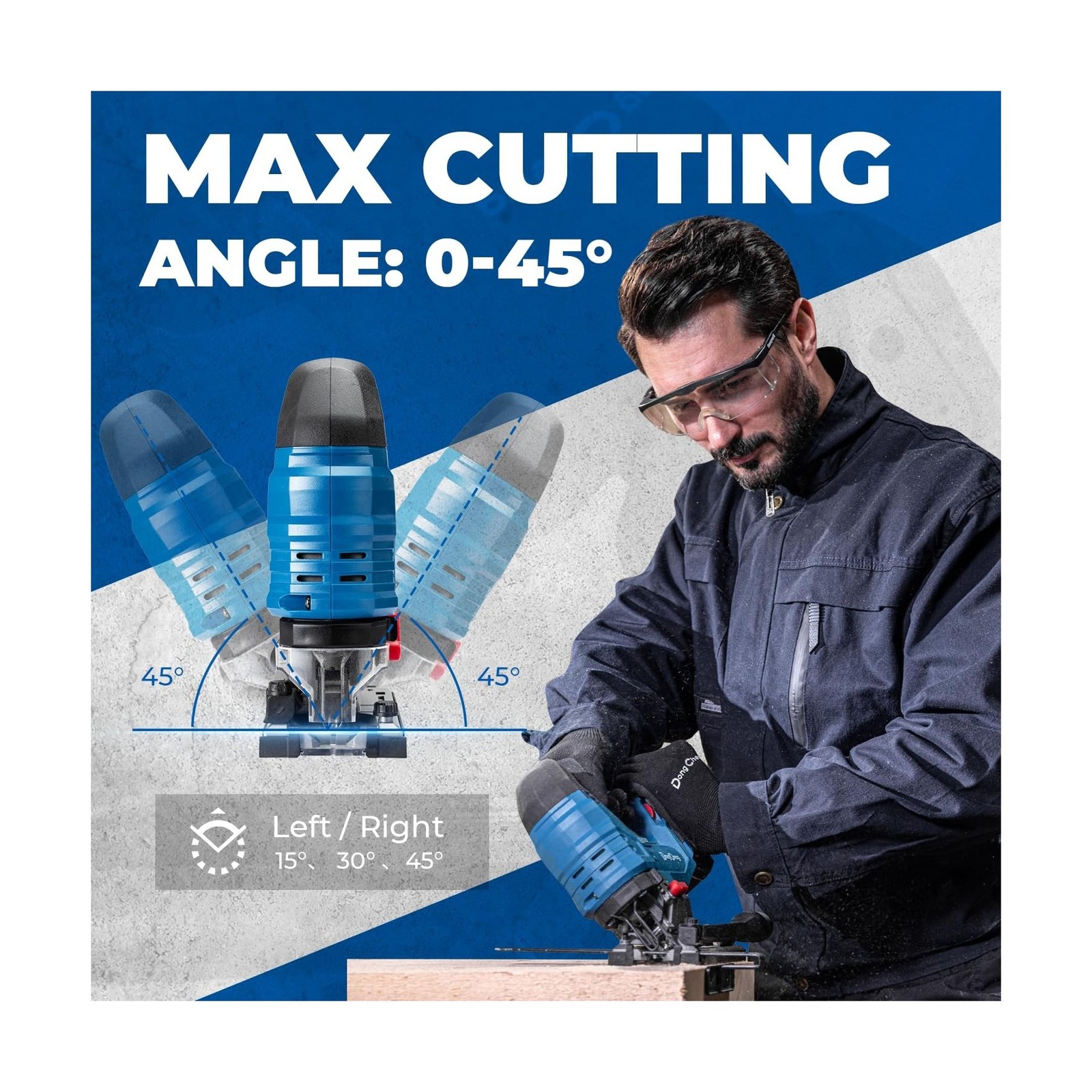 Dong Cheng 20V Brushless Jigsaw, 26mm Stroke, 800-3500 SPM, 0-45° Bevel, 6-