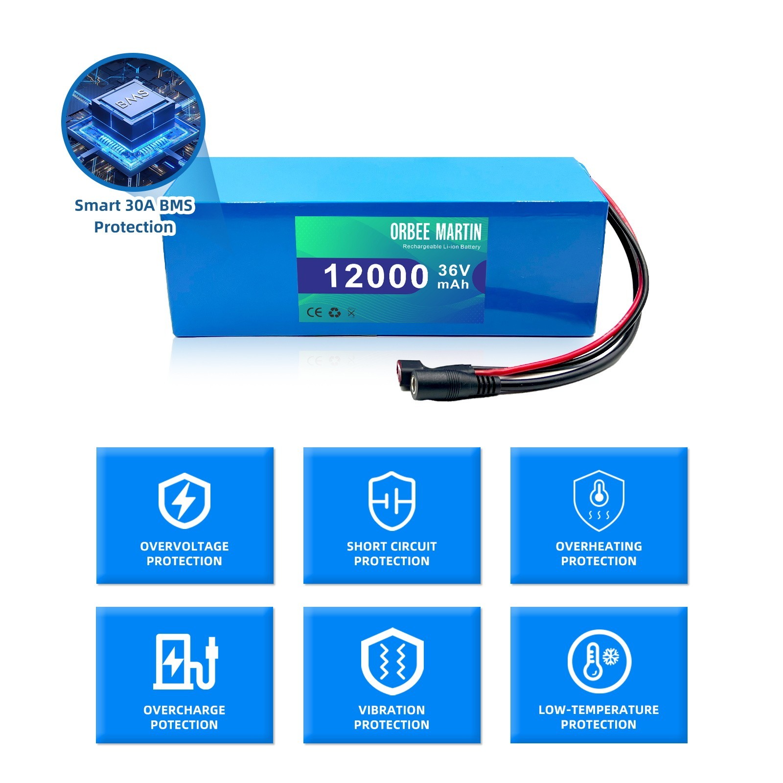 ORBEE MARTIN 36V 12Ah Rechargeable Battery, Lithuim Battery,XT60 Connector DIY