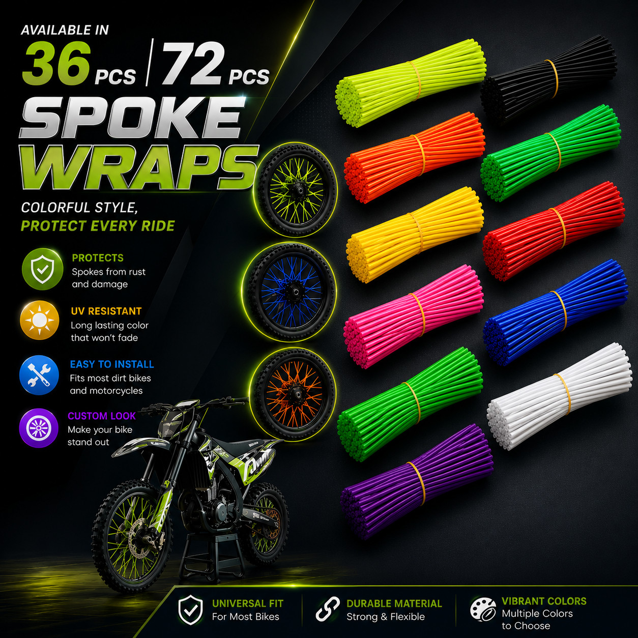 72PCS Motorcycle Dirt Bike Spoke Skins Covers Wraps Wheel Rim Guard Protector