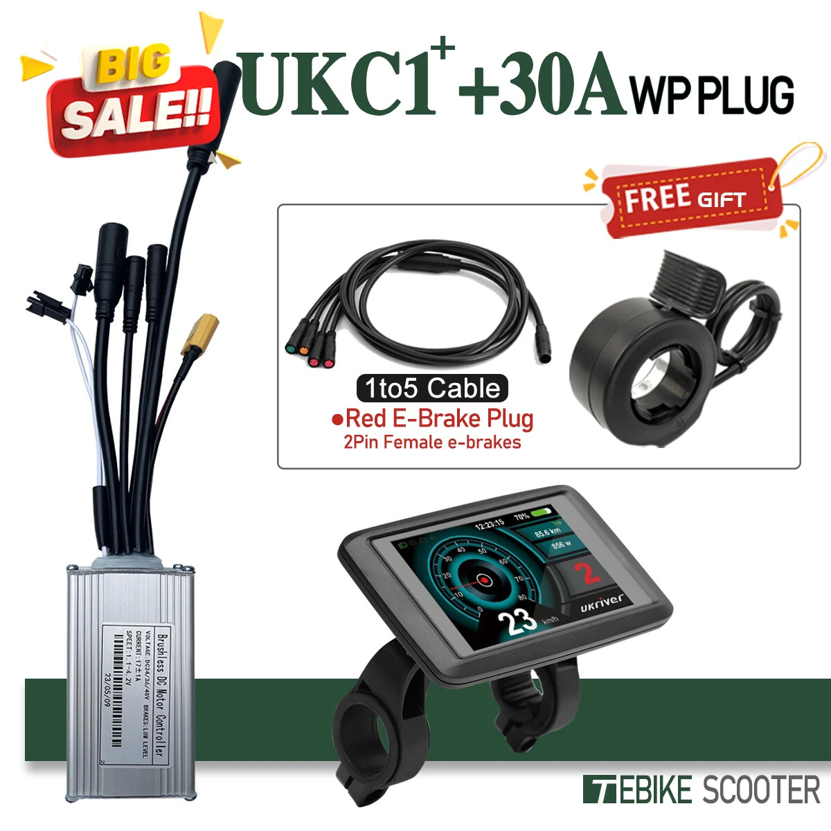 Ebike Sinewave 3 Mode 17A26A30A40A Controller+Color UKC1 Display 250-2000W Motor