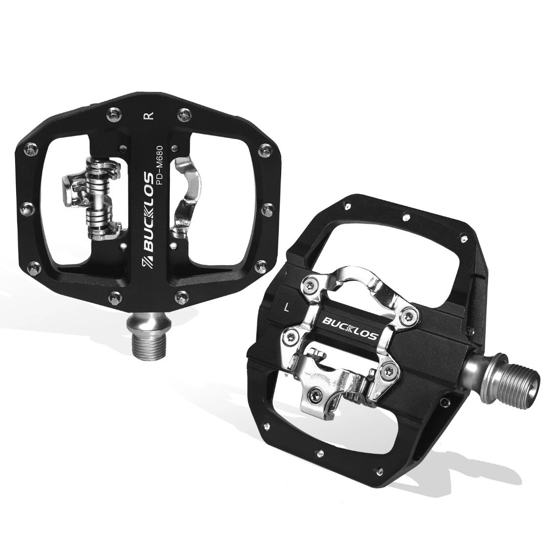 BUCKLOS Dual Function Bike Pedals SPD Clipless Flat Platform Black Aluminum M680