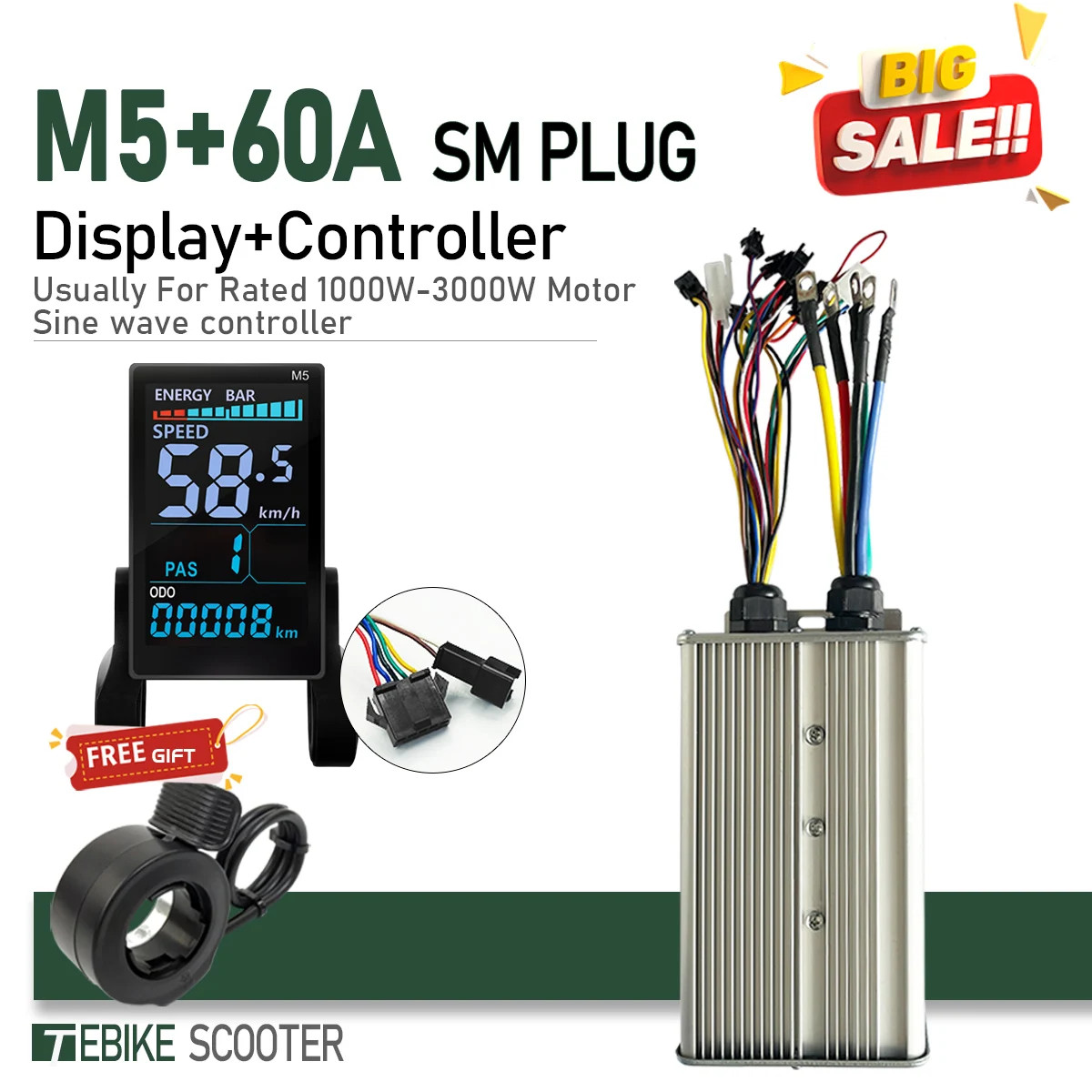 E-bike Controller 48V 52V 60V 72V 60A Sinewave Dual Mode Controller 1000W-3000W