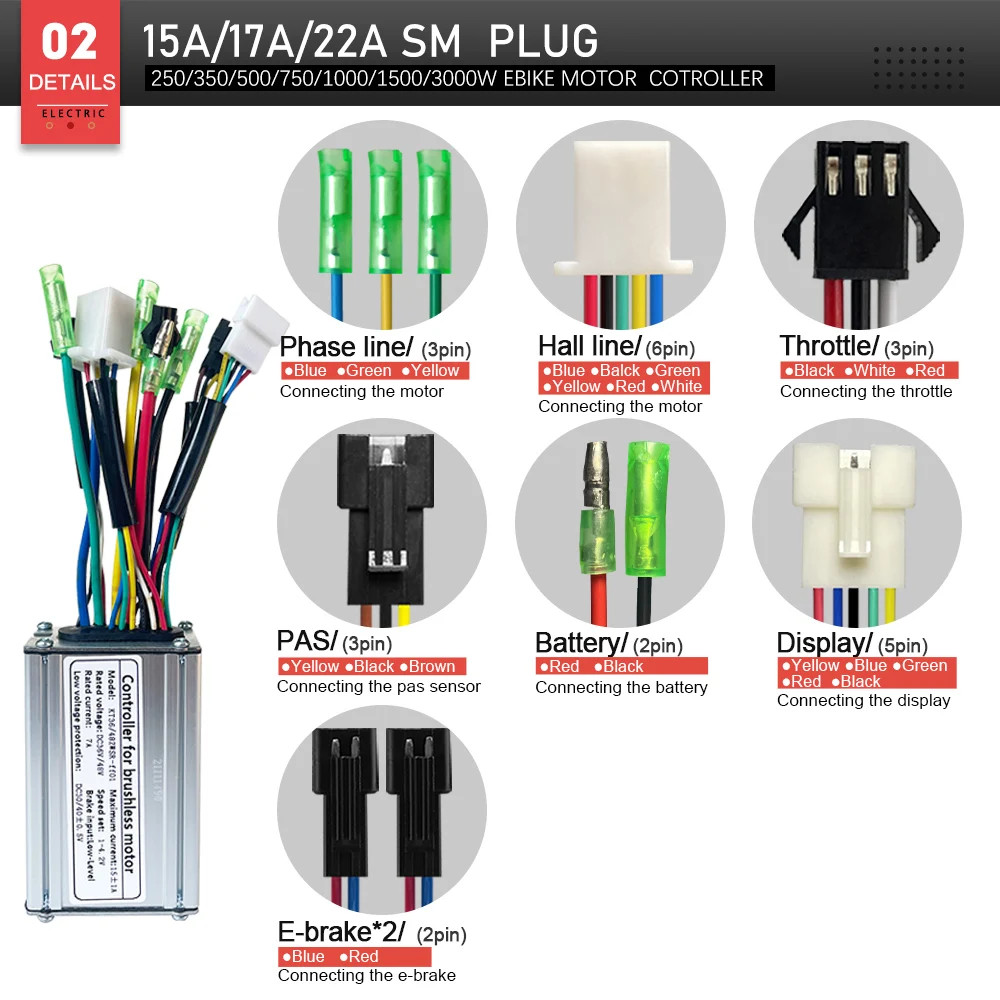 Electric Bike KT Brushless Controller 36V 48V 15A/17A/22A/30A/35A/50A SM Plug