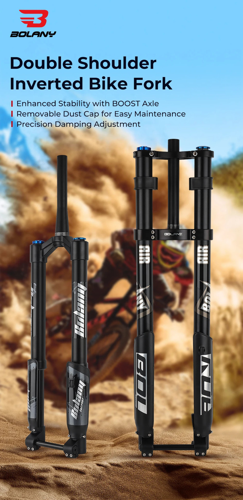 Double Shoulder MTB Inverted Fork 29inch Boost Travel 140mm Adjustable Damping