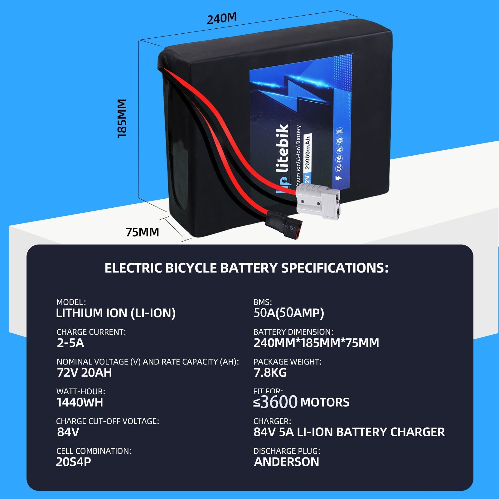 72V 50A BMS 200W-3600W ebike battery Lithium Bike Scooter Motorcycle Battery NEW