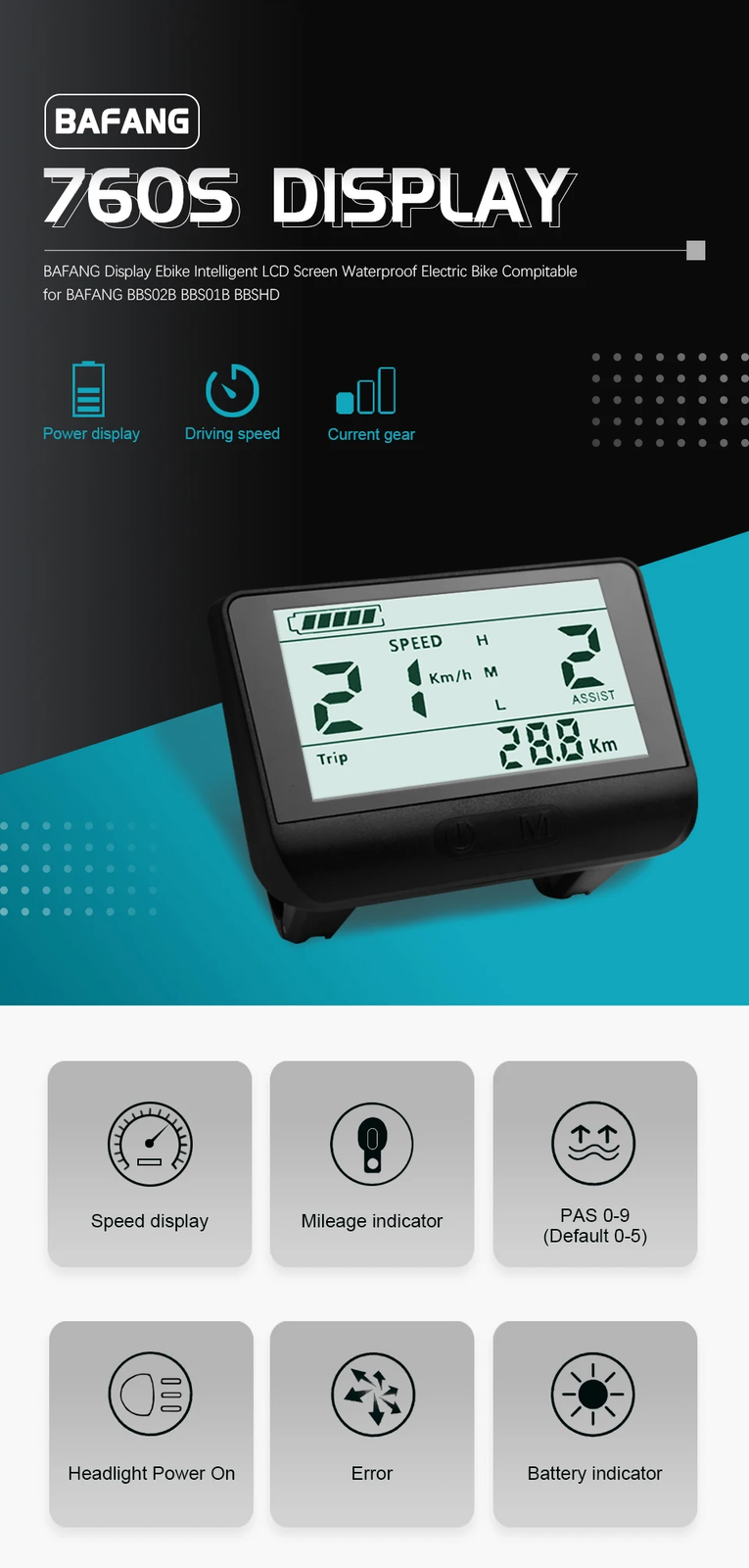E-Bike LCD Display 760S UART Protocol for BBS01B BBS 02B BBSHD Mid Drive Motor