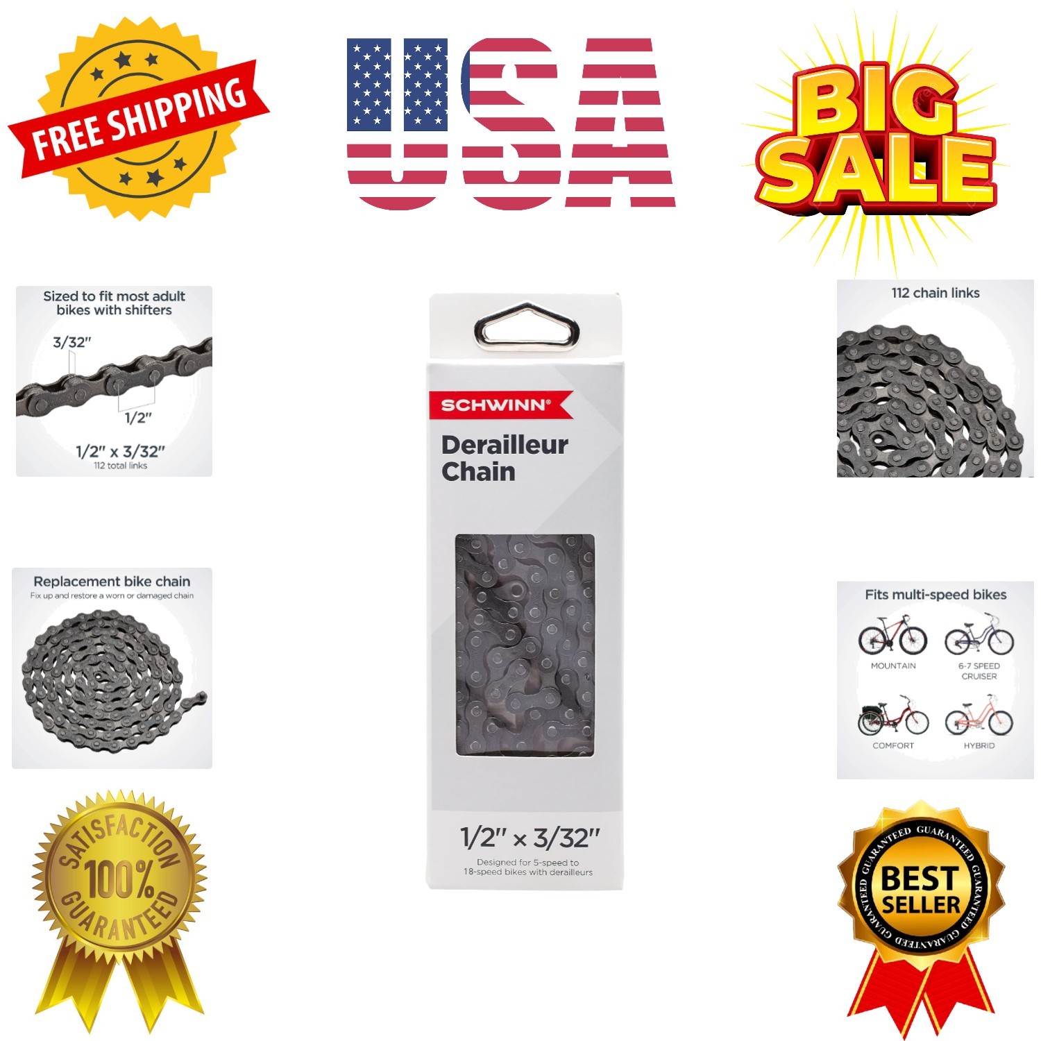 Chain, Steel Replacement Chain, 112 Links, Fits Derailleur & Non-Derailleur B…