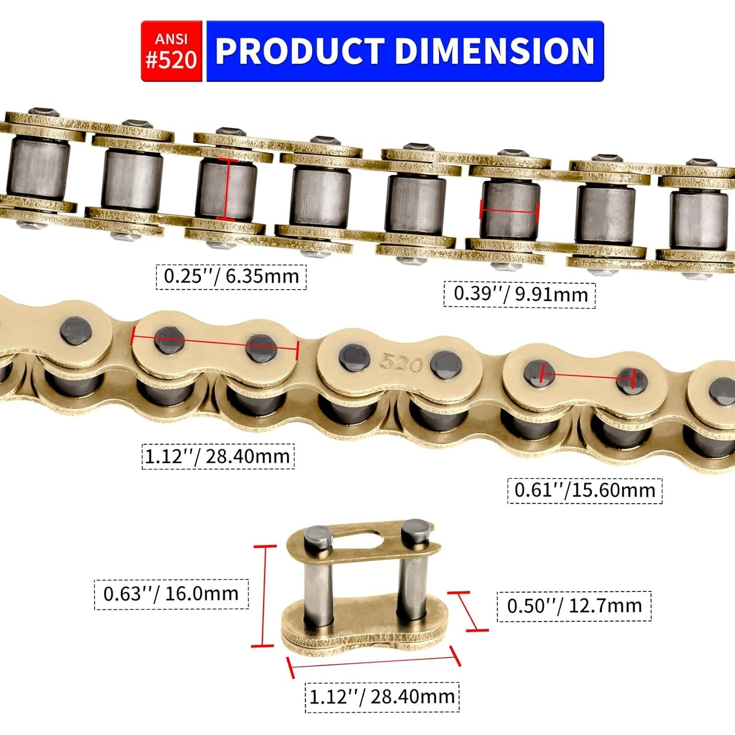 Belleone 520 Gold Motorcycle Chain 112 Links with Breaker, 520 112Link