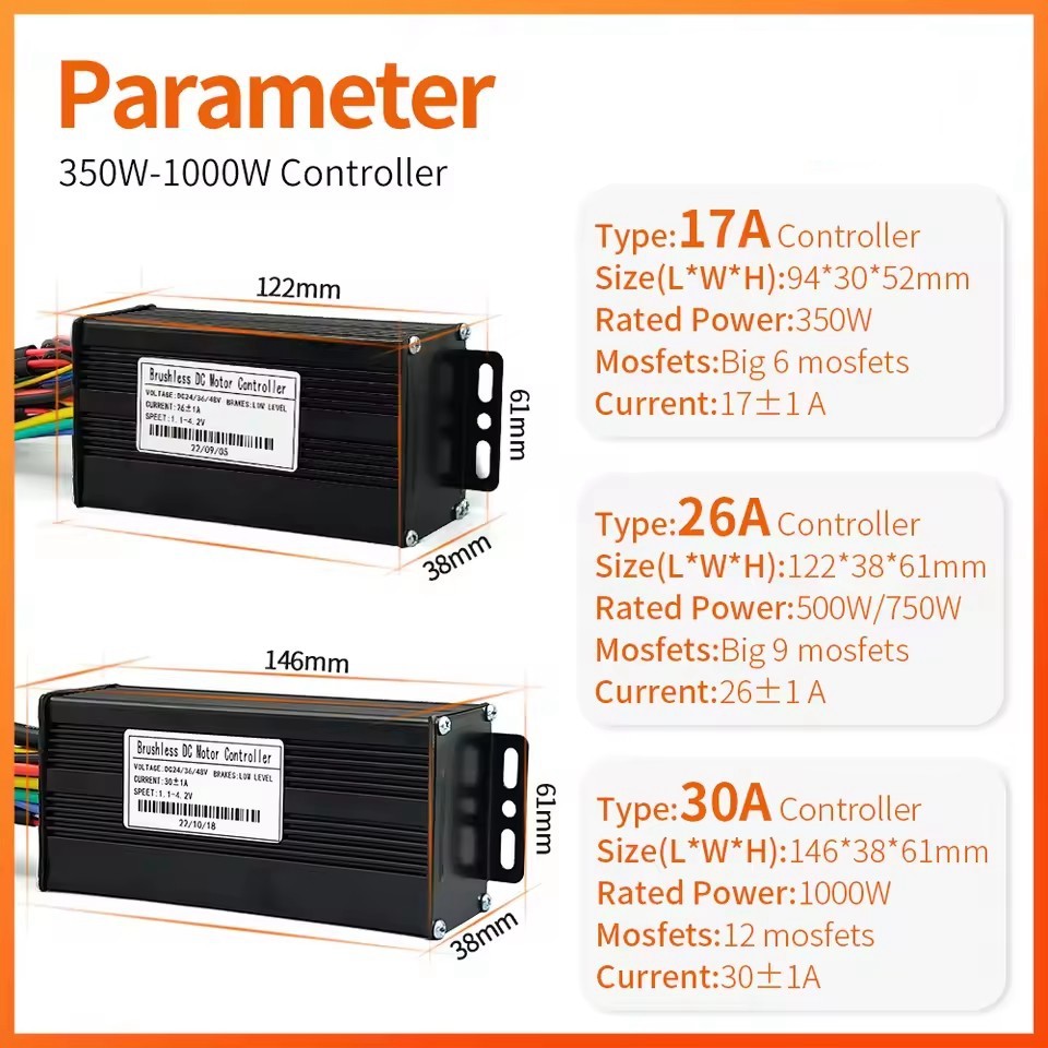 For 250W-1000W Motor E-bike 24V/36V/48V 17A 26A 30A Sine Wave Controller
