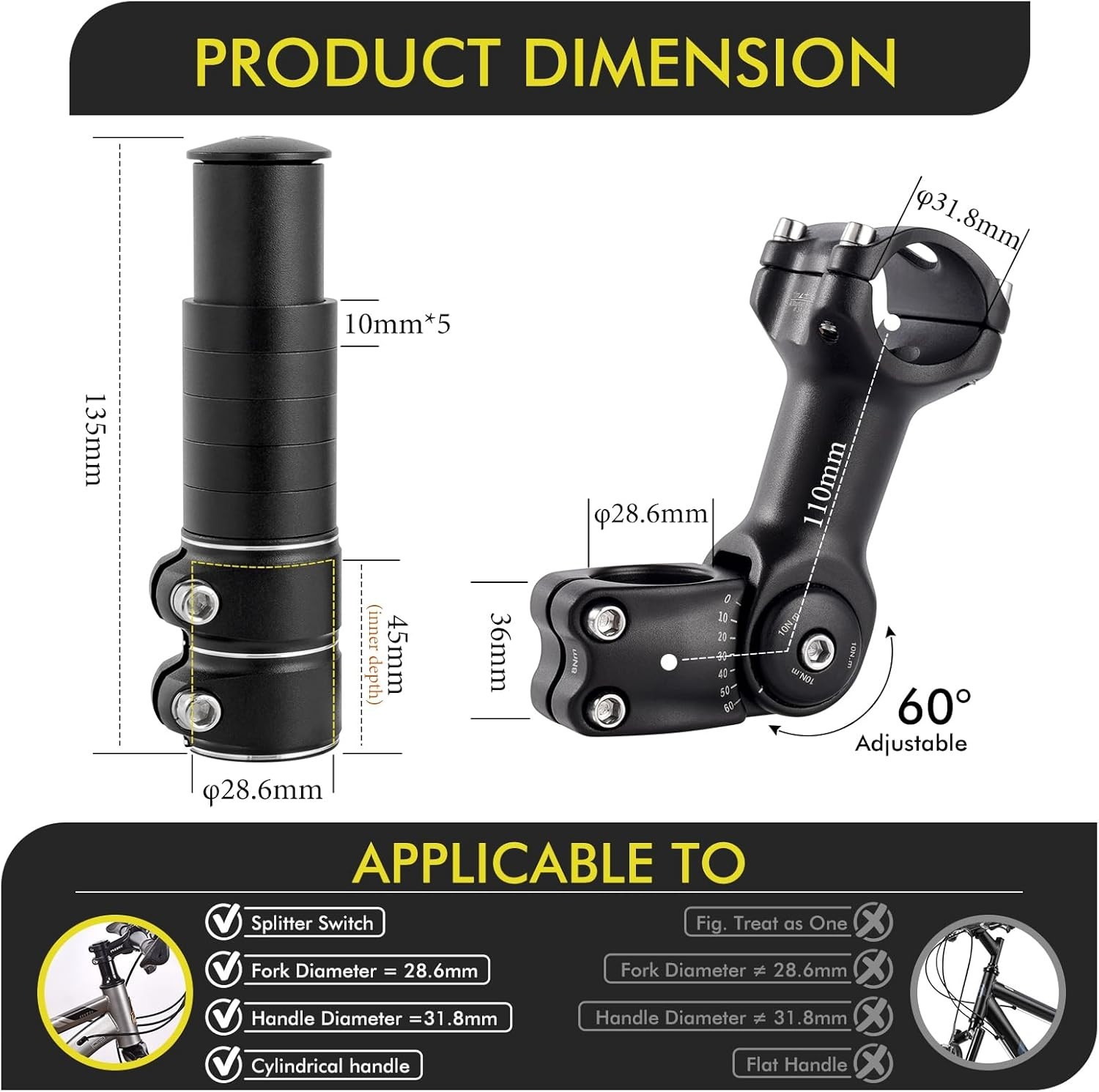 Adjustable Bike Stem Riser, Bike Handlebar Extender Set 31.8Mm 60° for Mountain