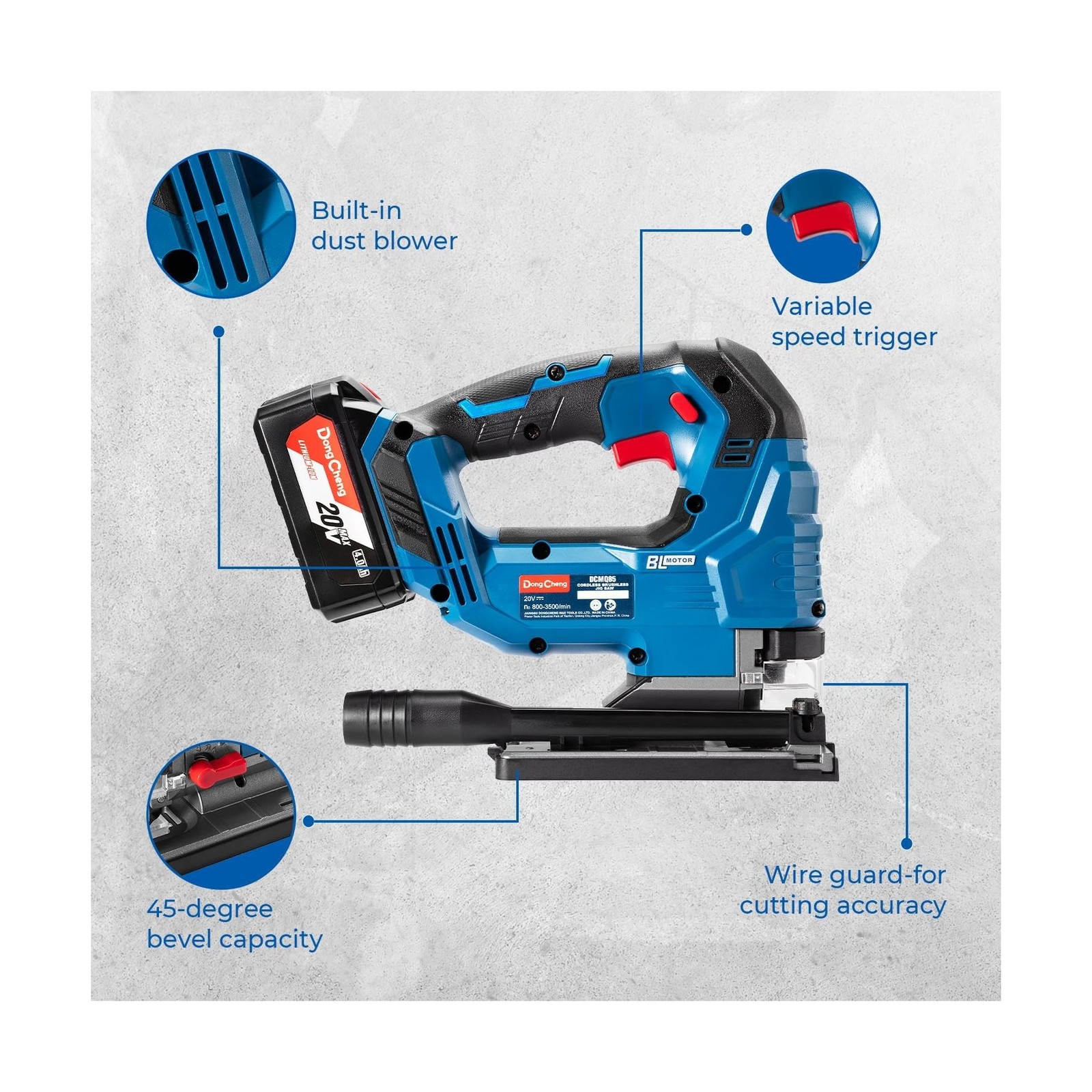Dong Cheng 20V Brushless Jigsaw, 26mm Stroke, 800-3500 SPM, 0-45° Bevel, 6-
