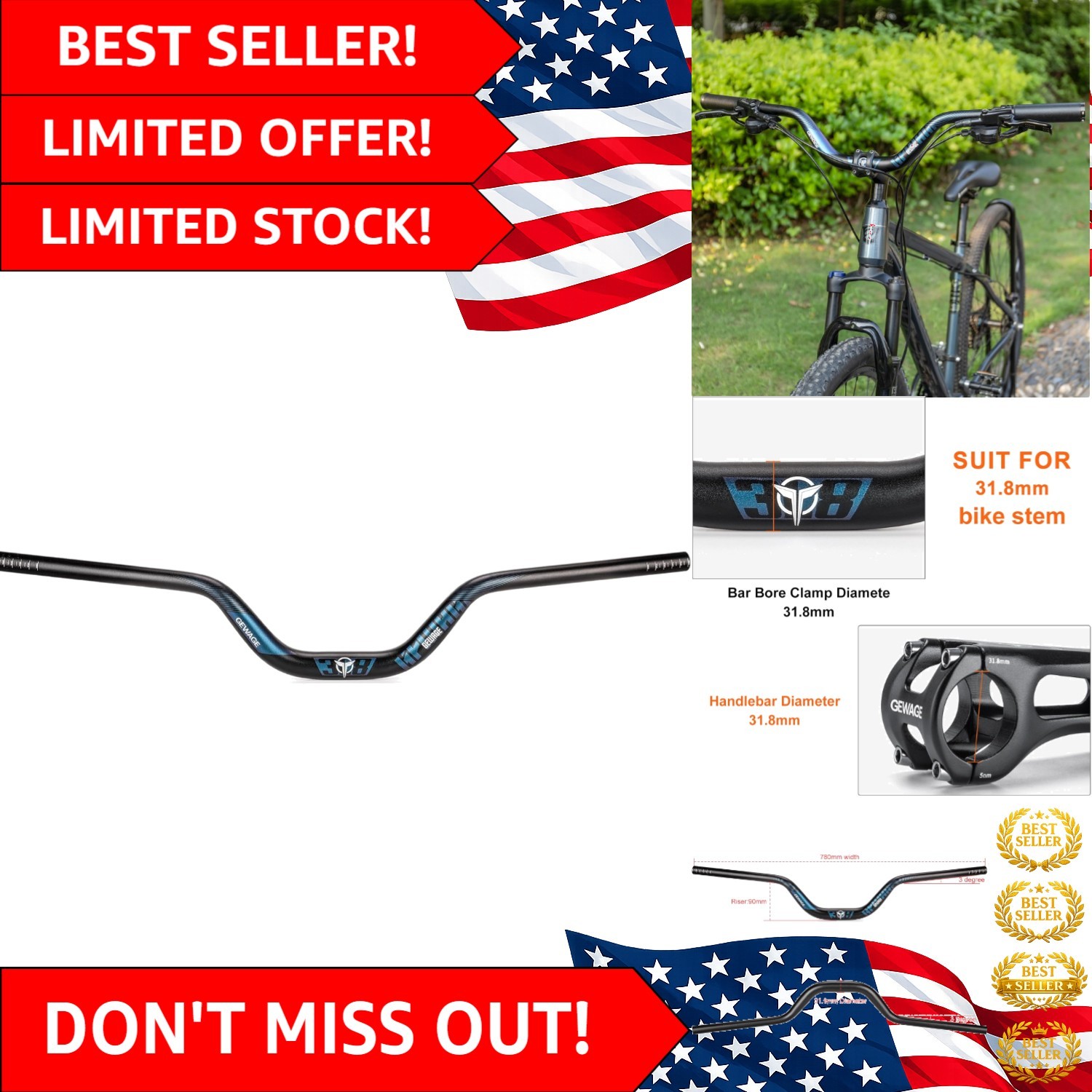 31.8 Bike Handlebar – 25mm, 55mm, 70mm, 90mm,120mm Riser Handlebar – 780mm Al…