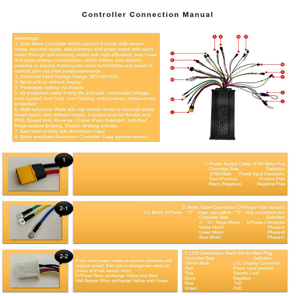 48V 52V 60V 72V E-bike Controller 1500W-3000W 3-Mode Sinewave LCD Display Kits