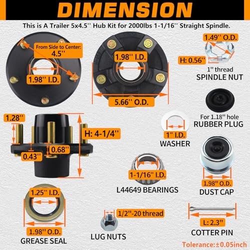 2 Sets Trailer Hub Kits 5 on 4.5» for 2000 lbs 1-1/16» Straight Spindle, Pre