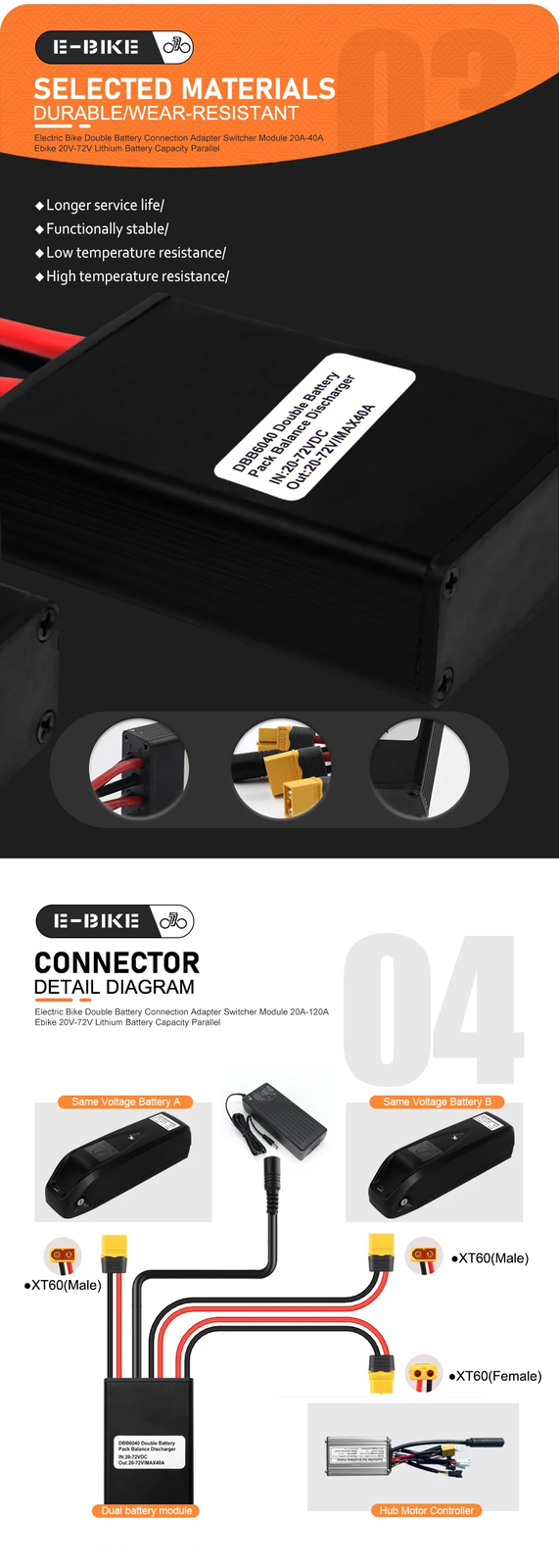 20A 30A 40A Ebike Dual Battery Discharge Converter Connection Adapter 20V-72V