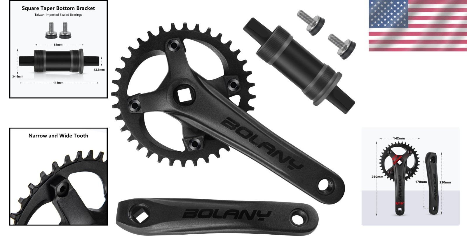 Lightweight 170mm MTB Crankset – Square Taper, 104 BCD – Customizable Chainrings
