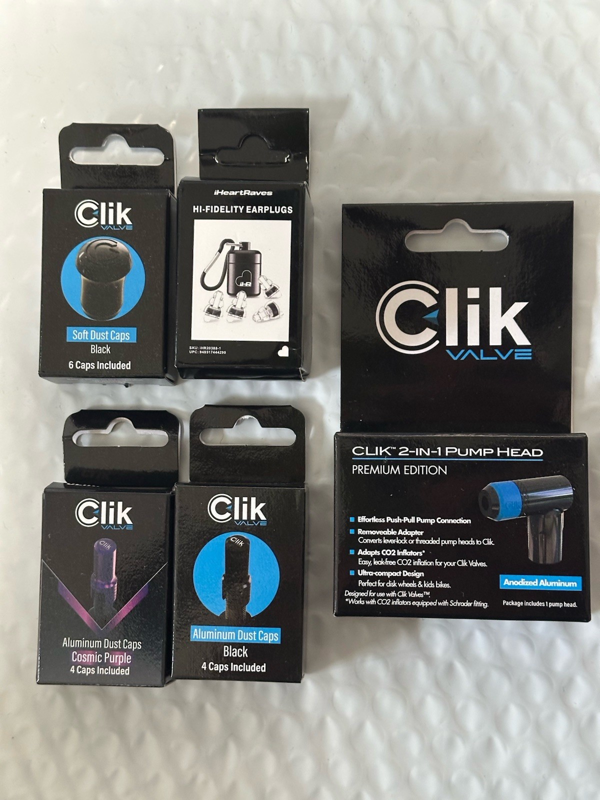 Clik 2 In 1 Pump Head, Soft Dust Caps, Aluminum Dust Cap EARPLUGS Set Of 5