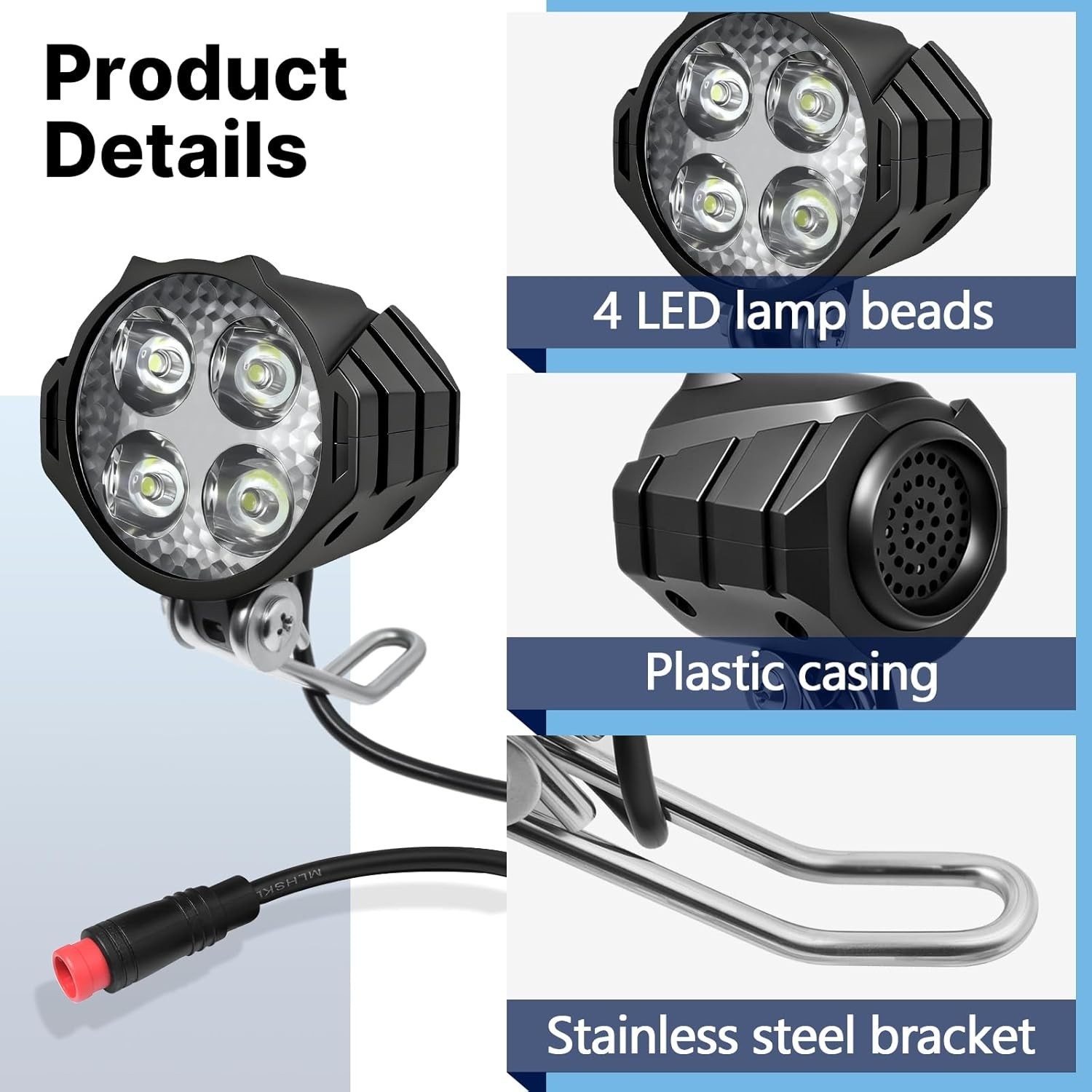 Ebike Headlight 2 Pin, Ebike Front Light for 36V 48V Battery Systems, Waterproof