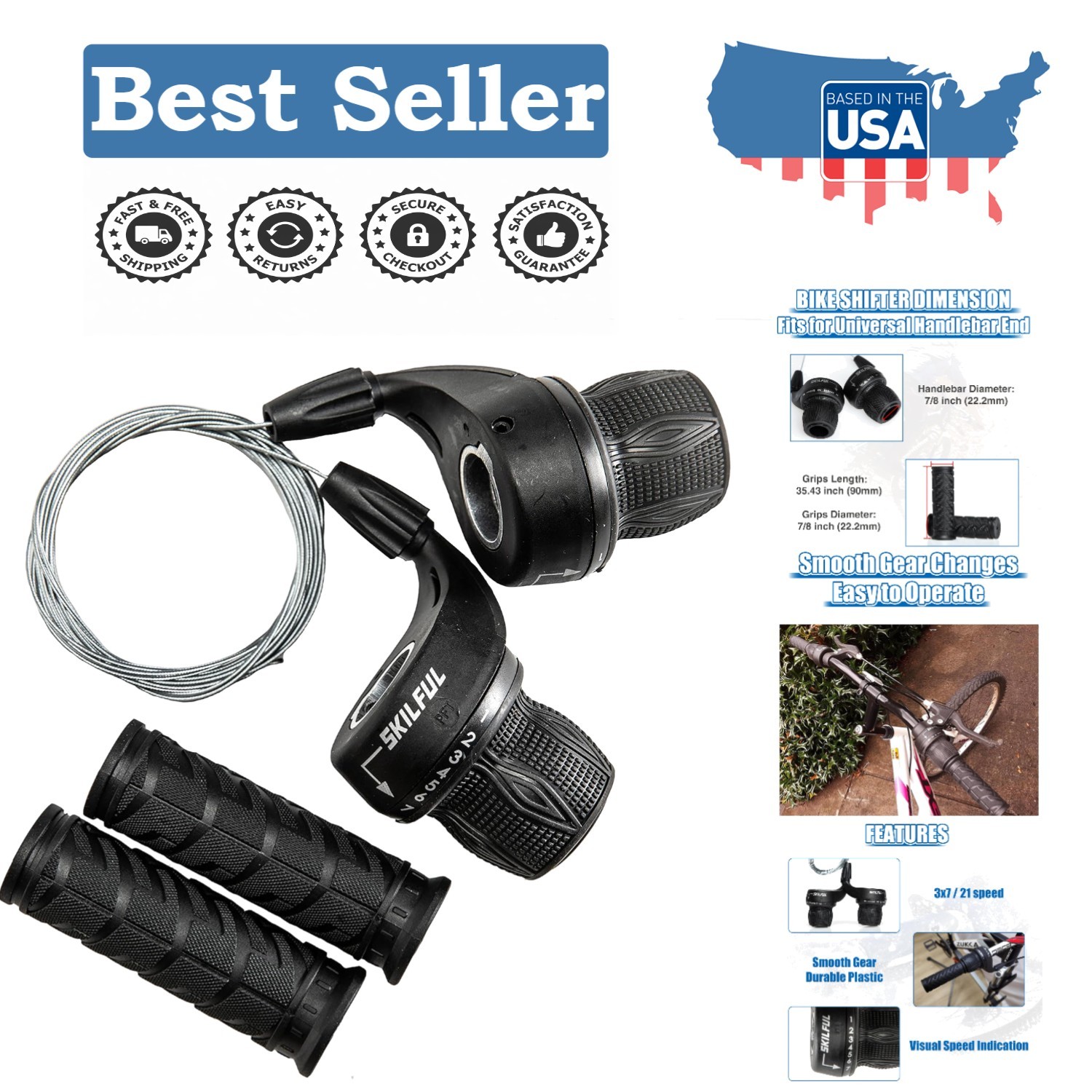 Versatile 21 Speed Grip Shift Shifter Pair for Mountain, Hybrid & Tricycle Bikes