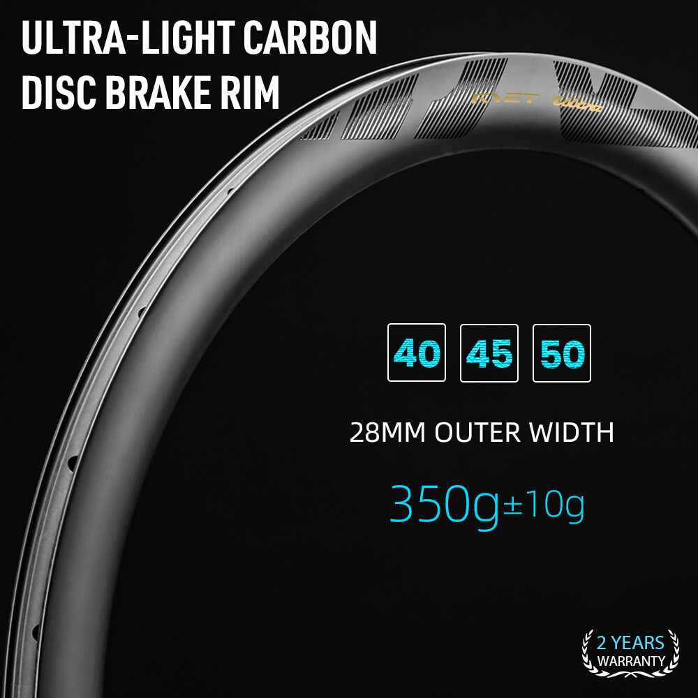 RYET Ultralight Carbon Disc Road Rim 40/45/50mm 28mm Tubeless 24H 350-375g 700C
