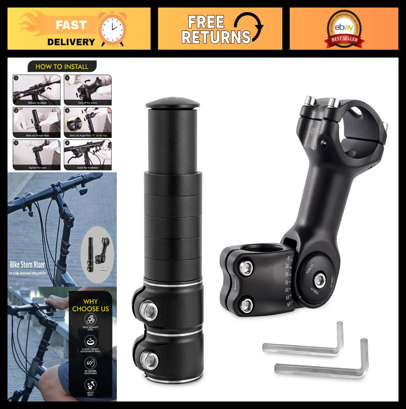 Adjustable Bike Stem Riser Handlebar Extender 31.8mm 60° for Mountain Road Cycli